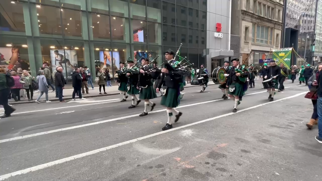 Bagpipers marching in the 2023 NYC Saint Patrick's Day Parade.