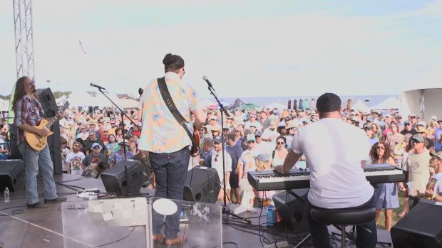 The Allmost Brothers band performing on the Jambalaya Stage at the Great South Bay Music Festival, with a crowd of festival-goers in the background.