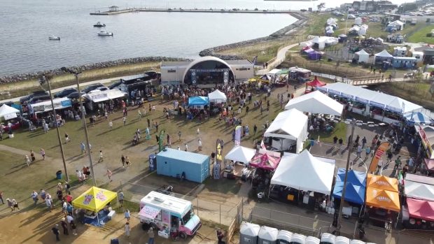 Drone shot of the Five Towns College stage at the Great South Bay Music Festival in Patchogue, NY.