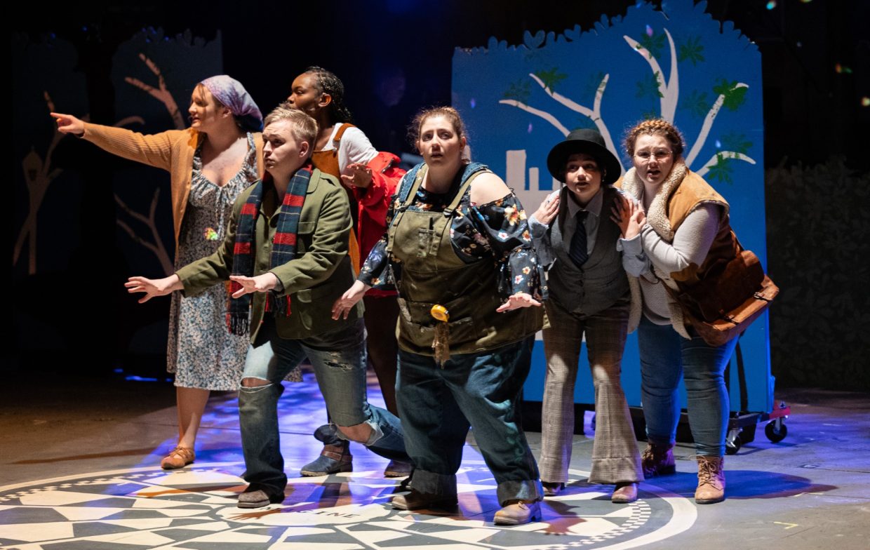 Cast of Five Towns College's production of "Into the Woods" performing a modern reinterpretation of the classic musical.