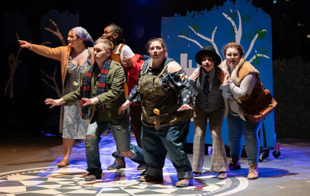 Cast of Five Towns College's production of "Into the Woods" performing a modern reinterpretation of the classic musical.