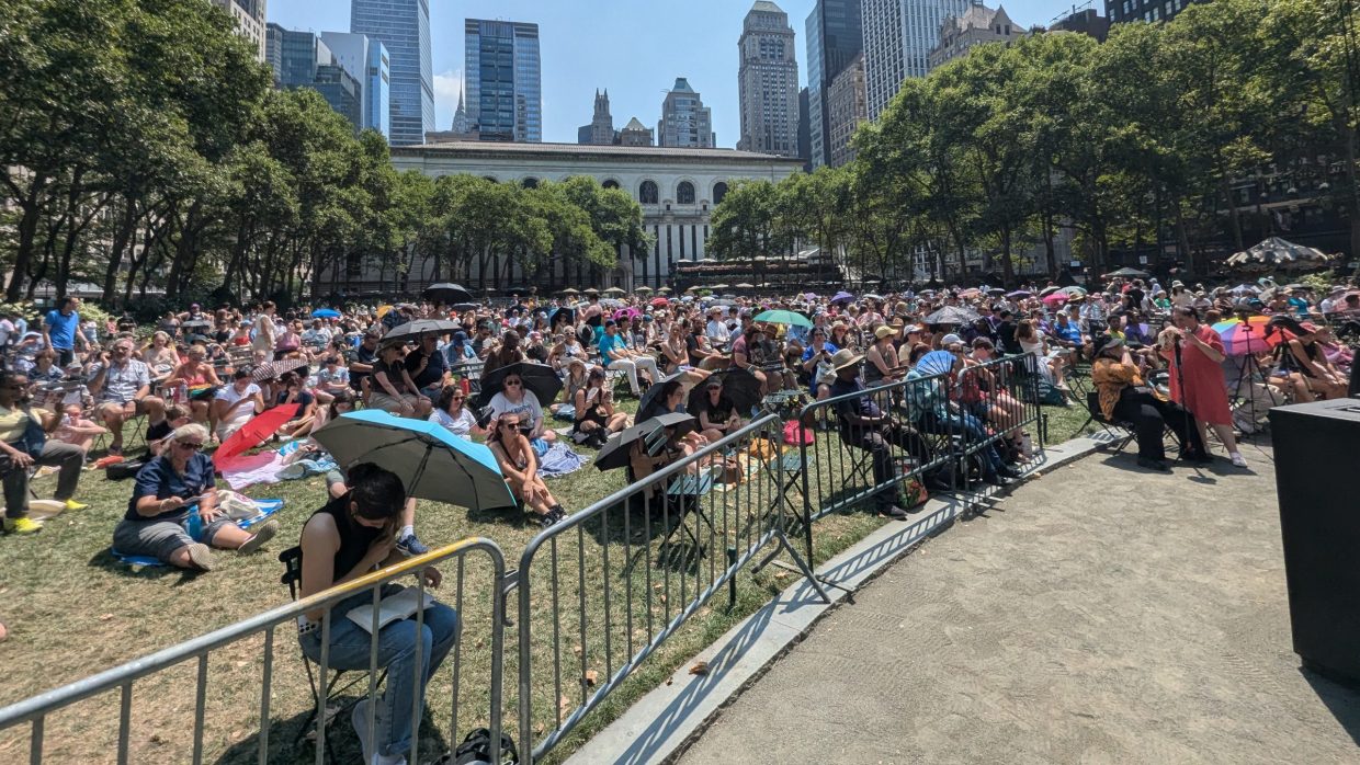 Large crowd gathered for Broadway in Bryant Park event in New York City.