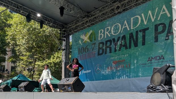 Performers on stage during Broadway in Bryant Park event.