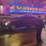 The Presidential Motorcade carrying President Joe Biden arriving at Radio City Music Hall for a record-setting fundraising event.