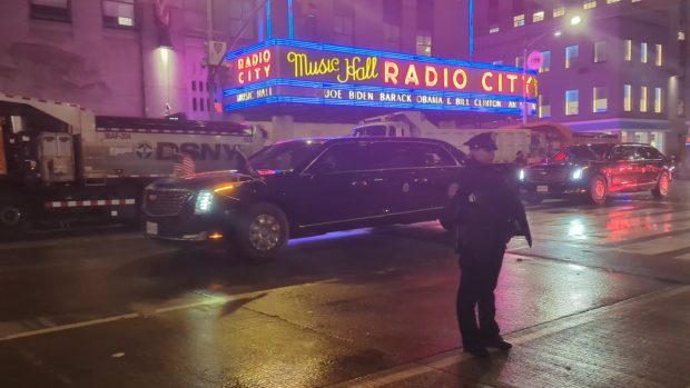 The Presidential Motorcade carrying President Joe Biden arriving at Radio City Music Hall for a record-setting fundraising event.
